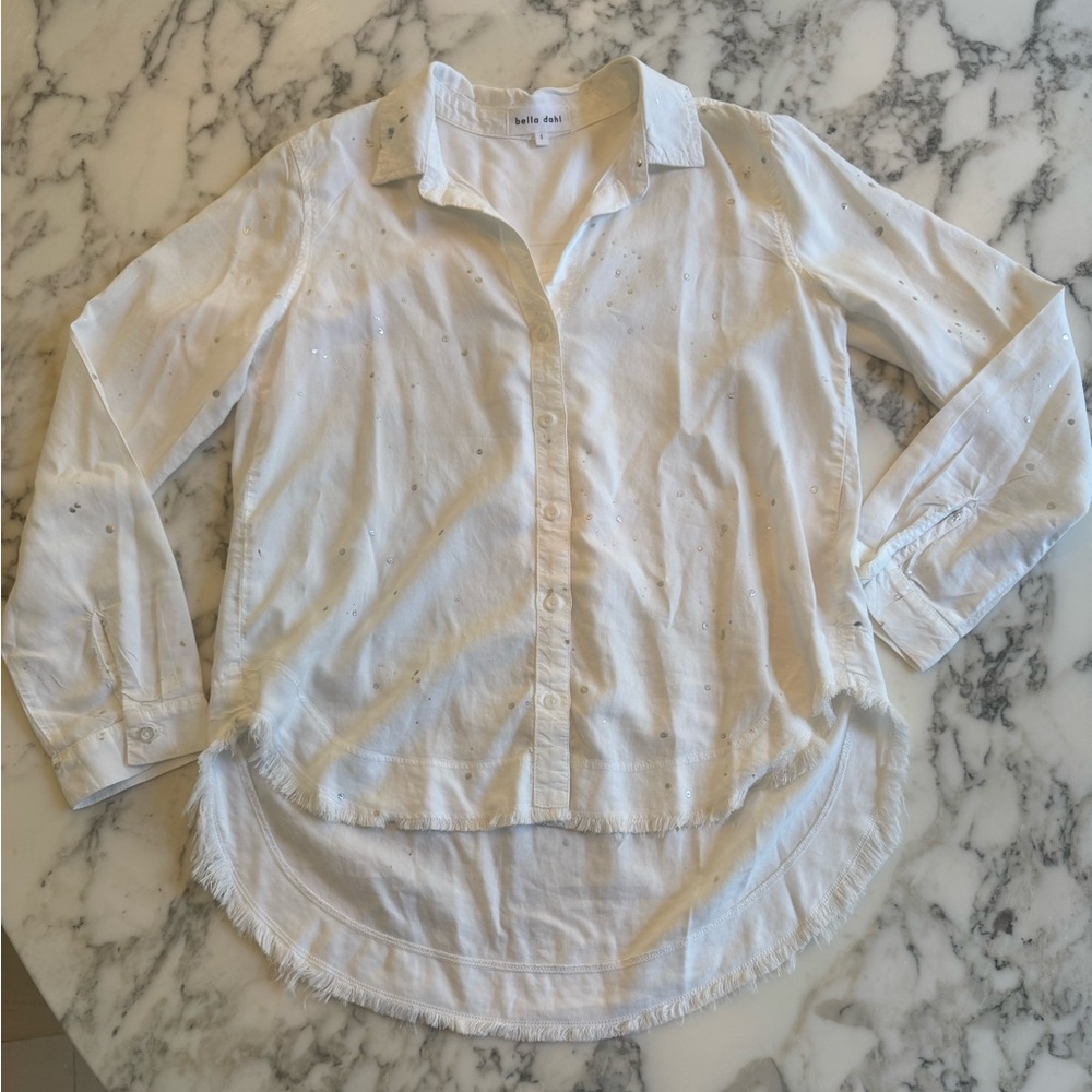 EUC BELLA DAHL White & Silver Long Sleeve Tencel Buttoned Shirt Raw Hem Sz S